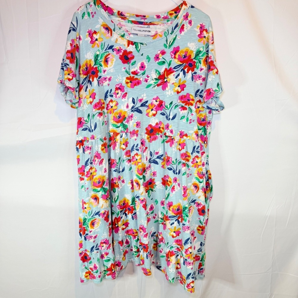 Nouveaumonde Women's Blue Floral Cotton T-Shirt Dress 1X Short Sleeve
